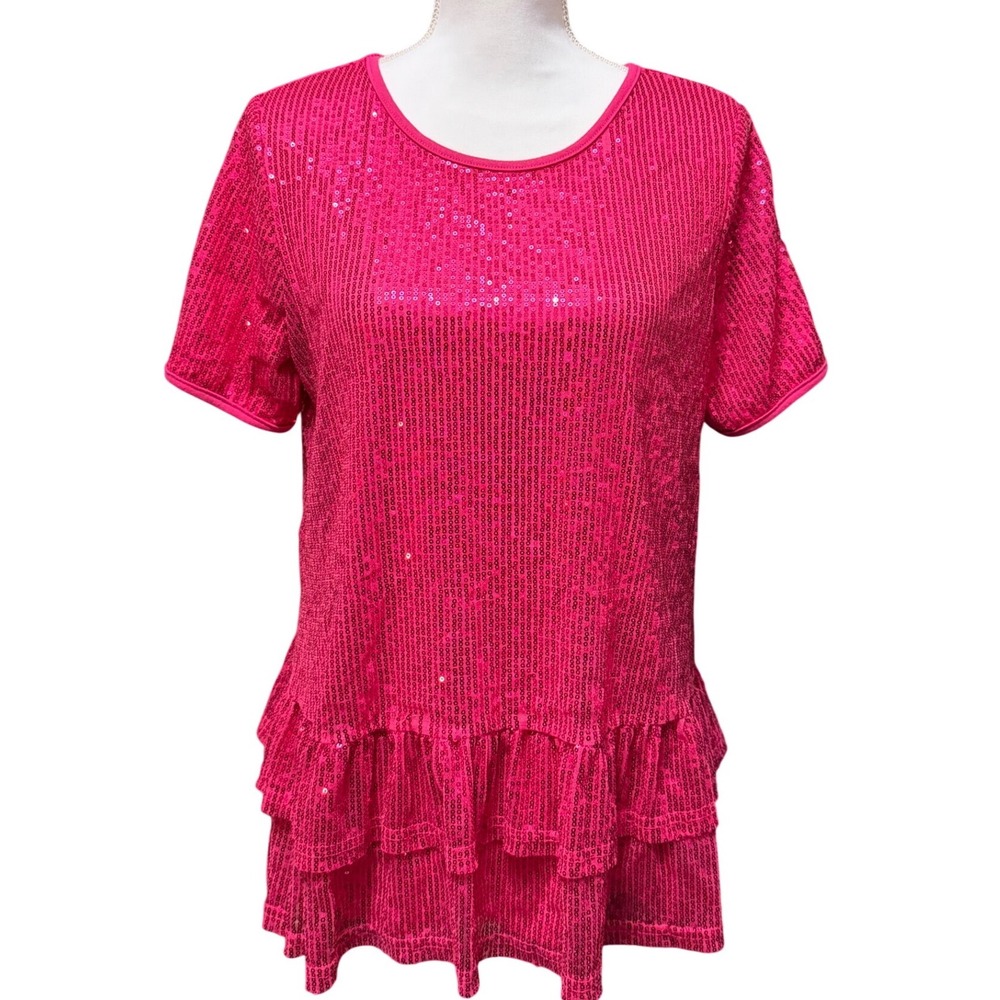Southern‎ Stitch Pink Sequin Ruffle Peplum Top Small Party Glam